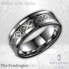 Our Pendragon Design Is Not For The Faint Of Heart A Bold Distinguished Look In Platinum Finish With A Silver Celtic Dragon Ring Mens Tungsten Rings For Men
