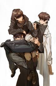 han sooyoung, kim dokja, yoo joonghyuk, omniscient readers viewpoint,  black footwear, brown footwear, highres, 1girl, 2boys, black eyes, black  hair, black hoodie, black pants, black shirt, brown hair, coat, crossed  legs, holding