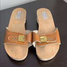 Dr Scholl S Sz 9 Carmel Color Leather Wood Sandals