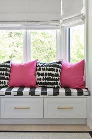 Black And White Striped Bench Lovely Contemporary Girl S Bedroom Is Fitted With A White Storage Window Seat Accented With Gold Pulls A Bedroom Seating Area Hot Pink Bedrooms Bedroom Seating