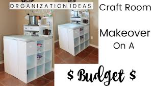 The post includes a diy craft room desk built from stock white cabinets purchased from lowe's and countertops made from laminate flooring and plywood. Craft Room Makeover On A Budget Organization Ideas Youtube
