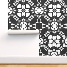 Floral pattern white tile nack. Removable Water Activated Wallpaper Spanish Tiles Black White Tile And Floral Walmart Com Walmart Com