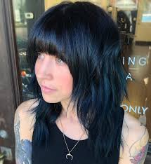 Blue Black Shag With Arched Bangs Modern Shag Haircut Hair Color For Black Hair Blue Black Hair