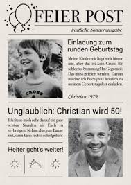 Witzige Einladung Zum Runden Geburtstag In Zeitungslook Mit Fotos Runder Einladung Runder Geburtstag Einladungskarten Geburtstag Spruche Einladung Geburtstag