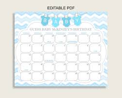 Blue White Guess Baby Due Date Calendar Game Printable Chevron Baby Shower Boy Birthday Prediction Cale Baby Due Date Calendar Due Date Calendar Baby Due Date