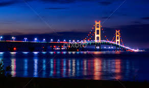 The bridge connects michigan's upper and lower peninsulas. The Mackinac Bridge At Night Bridges Suspended Structures Buildings Architecture Pixoto