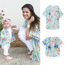 Us 5 34 32 Off Family Matching Clothe Shirt Mother Daughter Outfits Mom Me Baby Girls Flower Shawl Kimono Cardigan Top Family Outfits Clothing In