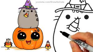 How To Draw Pusheen Cat On Pumpkin With Candy Corn Step By Step Easy Halloween Youtube Cute Halloween Drawings How To Draw Pusheen Pusheen Cat