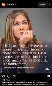Jennifer Aniston talks about Hollywoods glamour fading. The same is  happening in bollywood. Tbh I am happy that these stars are no longer the  only stars and slowly these industries will also