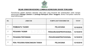You may visit them there or learn more about them online at in the auditor report of 2011, lembaga kemajuan johor tenggara (kejora) was rated 'good' in the section of accountability index rating, with the. Jawatan Kosong Terkini Lembaga Kemajuan Johor Tenggara Pembantu Tadbir Pegawai Pertanian Pen Pegawai Rancangan Tanah Pelbagai Jawatan Kerja Kosong Kerajaan Swasta