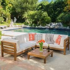 Brayden Studio Seaham 4 Piece Sectional Seating Group With Cushions Cushion Color Beige Teak Patio Furniture Patio Lounge Furniture Patio Furniture Sets