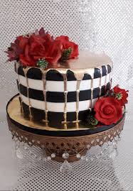 1 Tier Black And Gold Drip Cake Black White Stripes Cake Red Roses Gold Dripping Gold And White Cake Striped Cake Red Cake