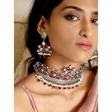 Buy Teejh by Joker and Witch Jasmine Silver Oxidised Red & White Necklace  Set for Women Online