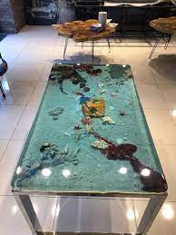 Table In The Form Of The Bottom Of The Sea Decorated With Natral Stones Sea Sand Corals Shells And Starf Resin Furniture Wood Resin Table Epoxy Wood Table
