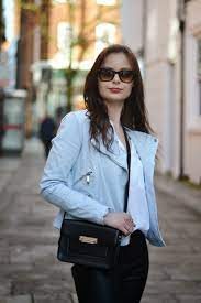 Blue Pastel Leather Jacket Blue Leather Jacket Blue Jackets Outfits Spring Jacket Outfit
