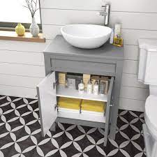 You don't need a lot of square footage to create a bathroom countertop, so it's possible to splurge on a dressy surface without. 600mm Melbourne Grey Countertop Unit Camila Basin Floor Standing Grey Countertops Countertops Countertop Basin