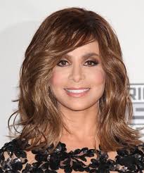 Paula Abdul Medium Wavy Chestnut Brunette Hairstyle with Side Swept Bangs