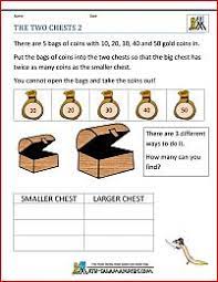 Second grade math student matching coin pictures with a card labeled 25 cents. Second Grade Math Puzzles The Two Chests 2 Maths Puzzles 2nd Grade Math Worksheets 2nd Grade Math