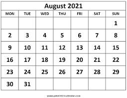 Monthly calendars and planners for every day, week, month and year with fields for entries and notes Printable August 2021 Calendar