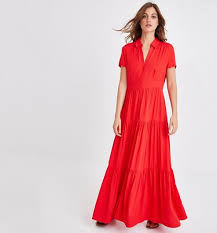 Robe décolleté jupe évasée belle robe robe midi rouge robe avec col robes de bureau tenue décontractée lingerie femme mode élégante. Longue Robe Evasee Femme Rouge Robes Promod