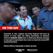 Sa araw na ito noong 2011, inilabas ang arrest warrant para sa dating  Comelec chairman Benjamin Abalos. https://bit.ly/37YArIH