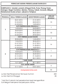 Berikut dikongsikan kalendar 2021 malaysia yang memaparkan tarikh senarai tarikh cuti umum public holidays (hari kelepasan am negeri dan persekutuan) dan tarikh cuti sekolah 2021 untuk seluruh negeri di malaysia. Takwim Kalendar Sekolah Tahun 2015