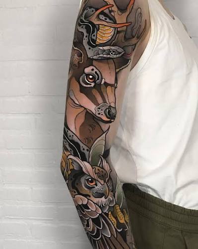 Neo traditional forest animal sleeve. Thanks @ovenkroketje for letting me do this awesome project. You took it like a boss every session 💪🏻 Hit me up if you want a cool concept