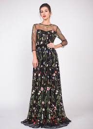 Black Tulle Floor Length Dress With Colorful Floral Embroidery Elegant Black Embroidered Tulle Lace Evening Lace Evening Dresses Floral Dress Black Lace Dress