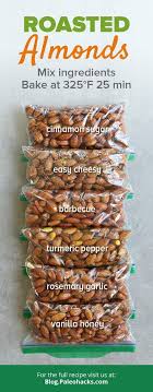 These oven roasted are the perfect blend of sweet, salty and spicy. 6 Flavors Of Roasted Almonds Roasted Almonds Recipe Savory Snacks Almond Recipes