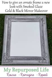 Black And Gold Mirror Frame Gold Black Mirror Makeover My Repurposed Life Rescue Re Imagine Repeat Mirror Frame Diy Mirror Makeover Black Mirror Frame