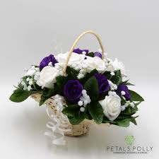 Purple and white rainbow roses are beautiful, dreamy roses that look like they were grown in a fairytale forest. Purple White Rose Flower Girl Basket