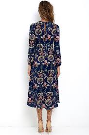 Garden Splendor Navy Blue Floral Print Dress Long Sleeve Dresses Fall Navy Blue Floral Print Dress Navy Midi Dress