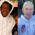 Both Jay-Z and Ellen DeGeneres with the Jean Michael Basquiat art