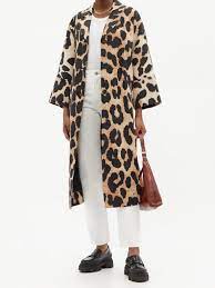 Shop Ganni Leopard Single Breasted Oversized Linen Blend Coat Womens