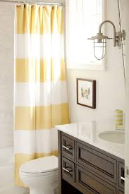 Yellow And Brown Bathroom With Stripe Shower Curtain Contemporary Bathroom Yellow Bathroom Decor Yellow Bathrooms Brown Shower Curtain