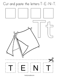 Free camping printable coloring page putting up tent coloring page tent coloring pages Cut And Paste The Letters T E N T Coloring Page Twisty Noodle