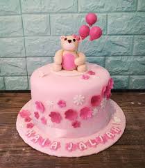 pink bear 1 Tier Fondant - pink, white theme with pink bear and pink and white flowers