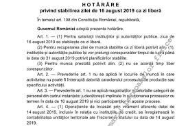 Așadar în ziua de 16 august 2019 angajații instituțiilor publice vor avea o zi liberă, iar aceștia își prelungesc corespunzător timpul de lucru până la data de 31.8.2019 privind planificărilor stabilite, a declarat nelu barbu, purtătorul de cuvânt al guvernului, la finalul ședinței executivului. Oficial Bugetarii Vor Avea Zi Libera Pe 16 August Dar Hotararea Nu Se Aplica Pentru Toti Angajatii