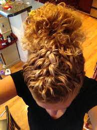 Curly Hair Braid In Front Messy Bun Behind Or Reverse And Braid Up The Back Curly Hair Braids Hair Styles Volleyball Hairstyles
