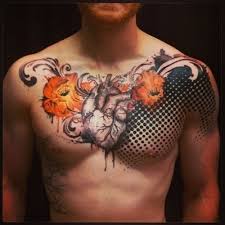 Drawing human heart with flowers background. Natural Looking Very Detailed Human Heart Tattoo On Chest With Colored Flowers And Ornaments Tattooimages Biz
