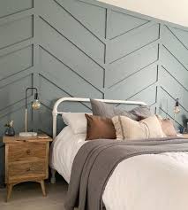 Chevron Wall Panelling Painted In Farrow Ball De Nimes Accent Wall Bedroom Bedroom Panel Bedroom Wall