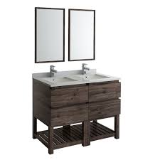 The double sinks are set toward one end of the vanity, which gives it more of a modern edge and this arrangement allows for a standard size mirror, which happens to have all the latest lighting technology built in. Fresca Formosa 48 Floor Standing Double Sink Modern Bathroom Vanity W Open Bottom Mirrors Overstock 26981040