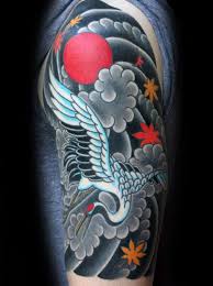 Birds And Clouds Tattoo Design 40 Japanese Crane Tattoo Designs For Men Bird Ink Ideas Crane Tattoo Japanese Tattoo Flying Tattoo
