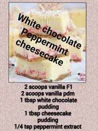 Birthday cake shake w/ 24g protein 2 scoops herbalife cookies and cream formula 1 2 scoops herbalife pdm 1 tsp cheesecake jello mix a pinch of sprinkles 8 oz of water and ice to preferred thickness blend and enjoy. White Chocolate Peppermint Cheesecake Recipe Herbalife Shake Recipes Shake Recipes Herbalife Recipes