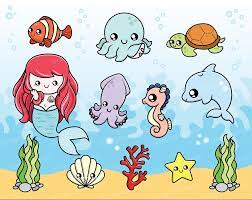Cute Sea Creatures Clipart Baby Octopus Seahorse Mermaid Squid Dolphin Turtle Underwater Vector Ka Sea Animals Drawings Animal Drawings Sea Creatures