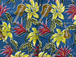 Ukulele with hawaii style background. Vtg Paradise Found Floral Guitar Blue Hawaiian Shirt Gem
