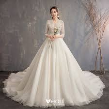 Du bist auf der suche nach dem idealen brautkleid? Chinesischer Stil Ivory Creme Brautkleider Hochzeitskleider 2019 A Linie V Ausschnitt 3 4 Armel Handgefertigt Perlenstickerei