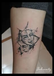 Theater Mask Tattoo Laughs Cries Small Black And Grey Tattoo On Forearm Theater Mask Tattoo Mask Tattoo Grey Tattoo