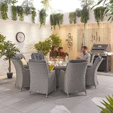 Safe for use on wooden deck: Nova Thalia 8 Seat Dining Set With Round Fire Pit Table Cambridge Home Garden