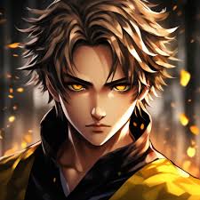 Man with short light brown hair side hairstyle with yellow eyes in anime …"  — image created in Shedevrum